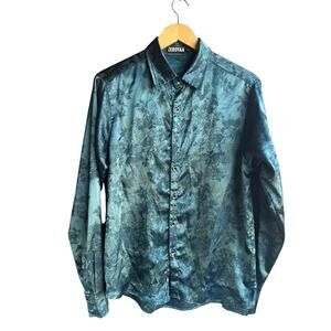 ZEROYAA Men's Green Satin Floral Jacquard Long Sleeve Button-up Dress Shirt Sz S